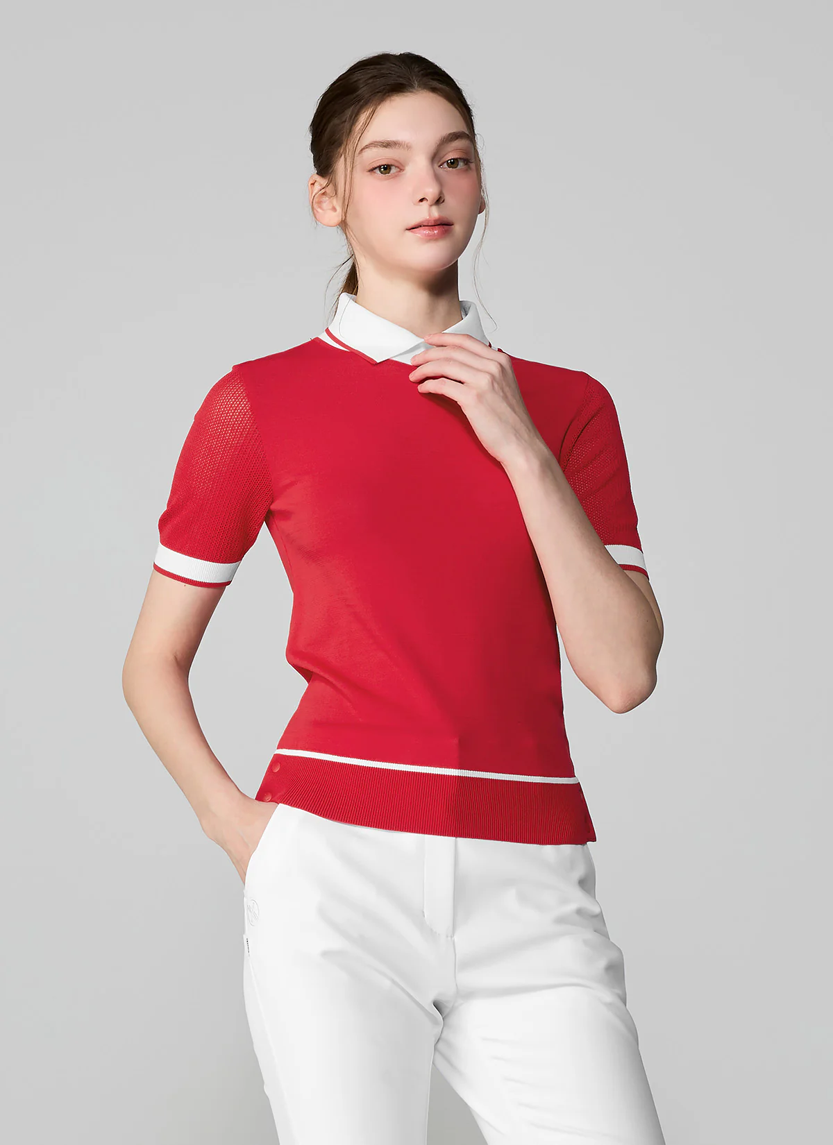 Contrast Collar Snap Knit Short Sleeve - Image 9